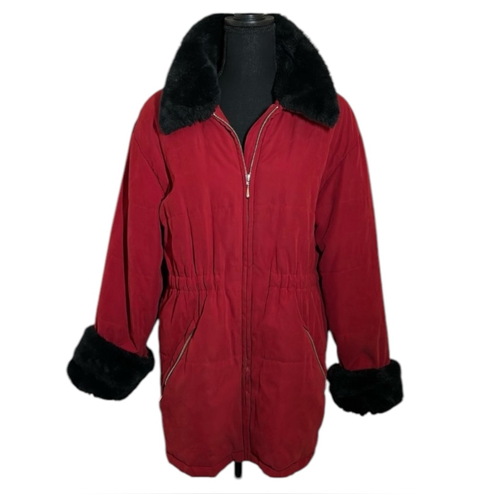 Red with black faux fur Jacket. Great condition size small.